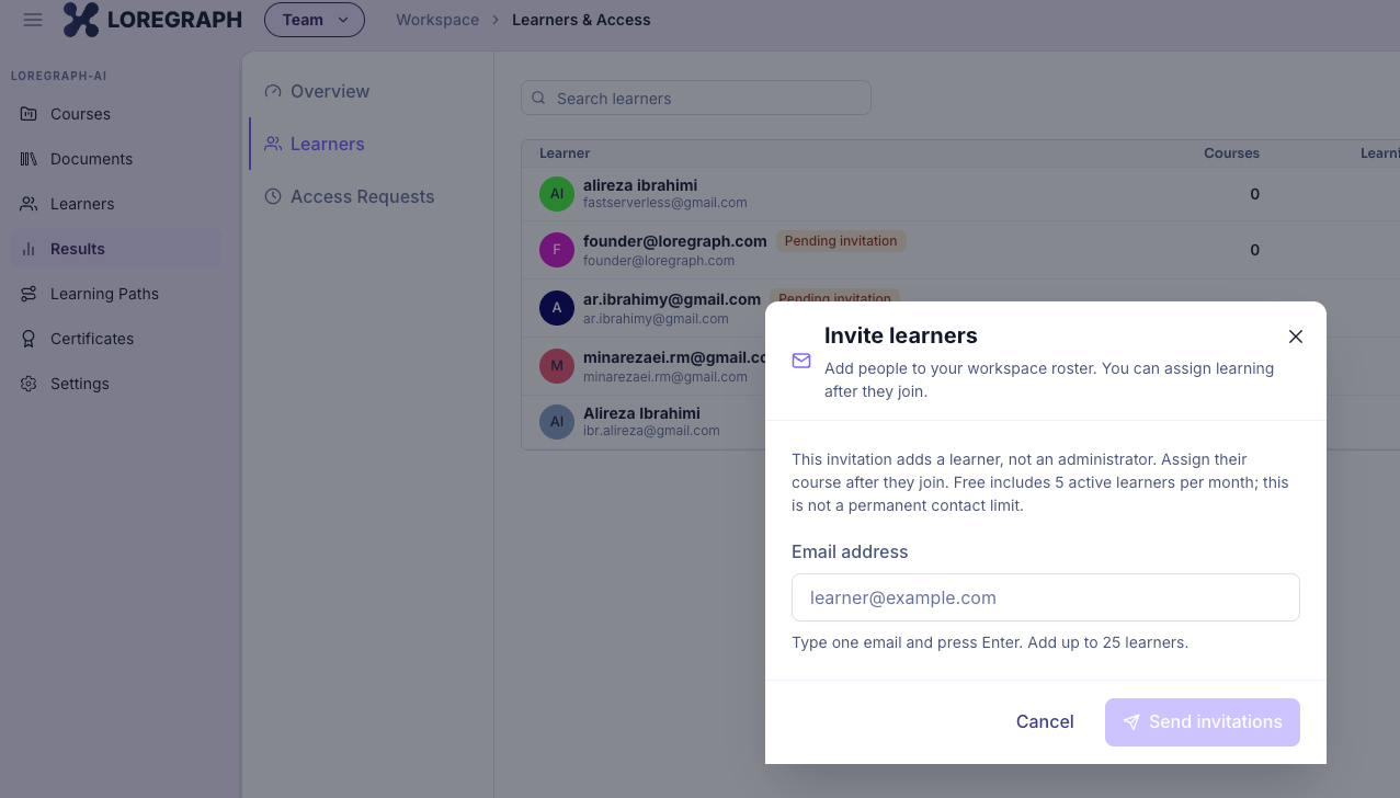 Invite learners dialog in the Learners & Access workspace