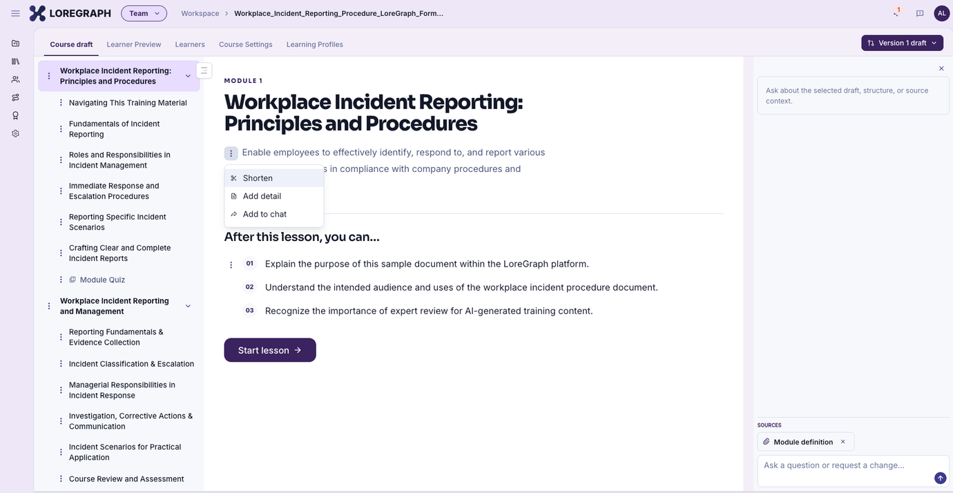 Workplace Incident Reporting course draft with lesson editing tools for administrator review