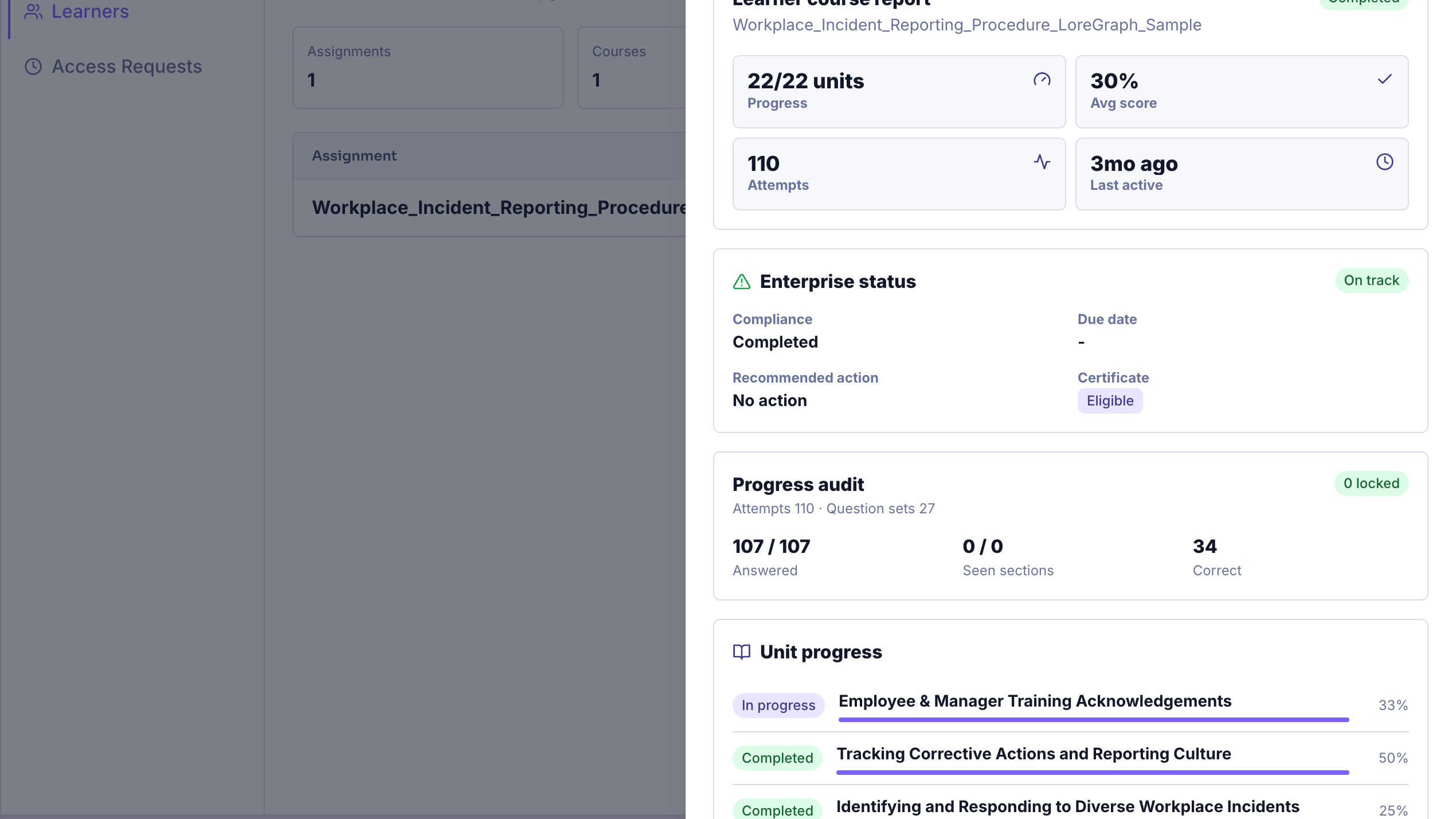 Review administrator completion and quiz results