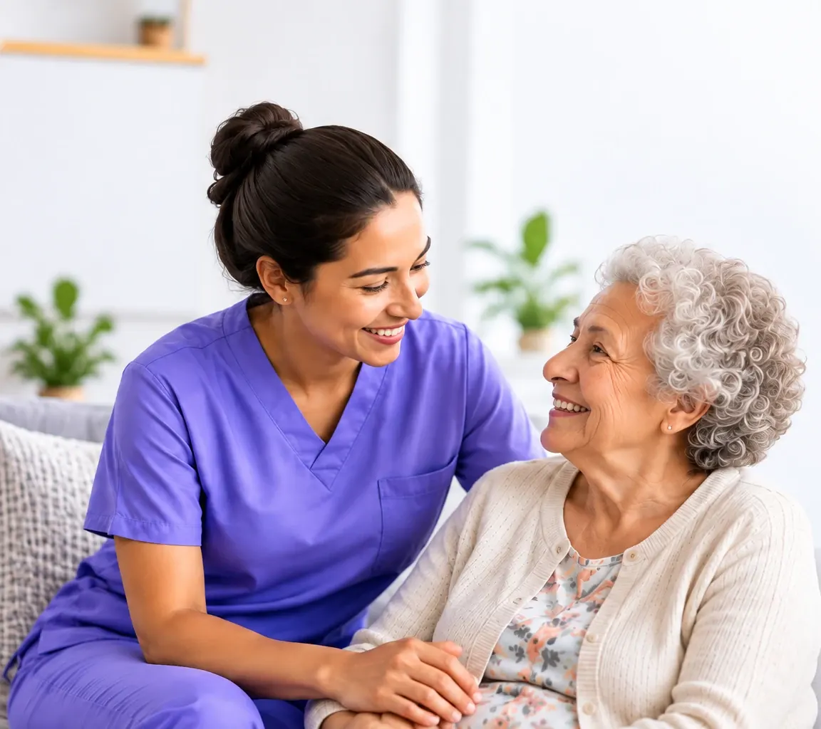 A caregiver in purple scrubs smiling with an older woman at home.